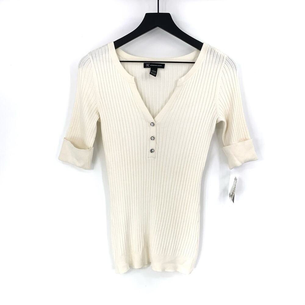 NWT INC International Concepts 1/2 Sleeve Ribbed V Neck Sweater Ivory S